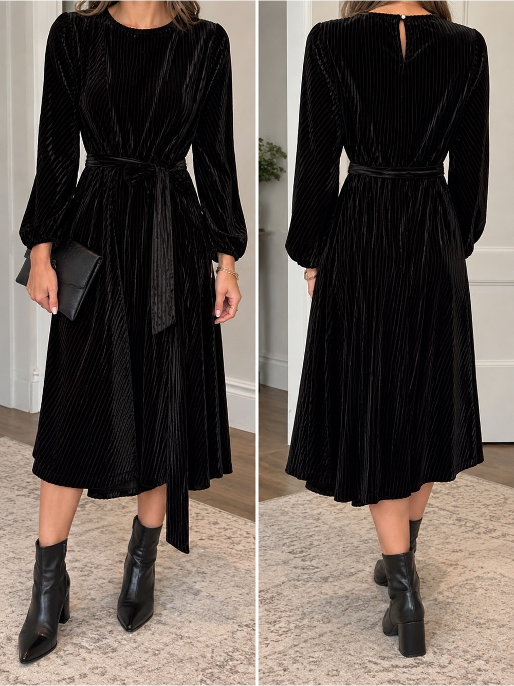 Black Velvet Midi Dress with Long Sleeves and Tie Waist
